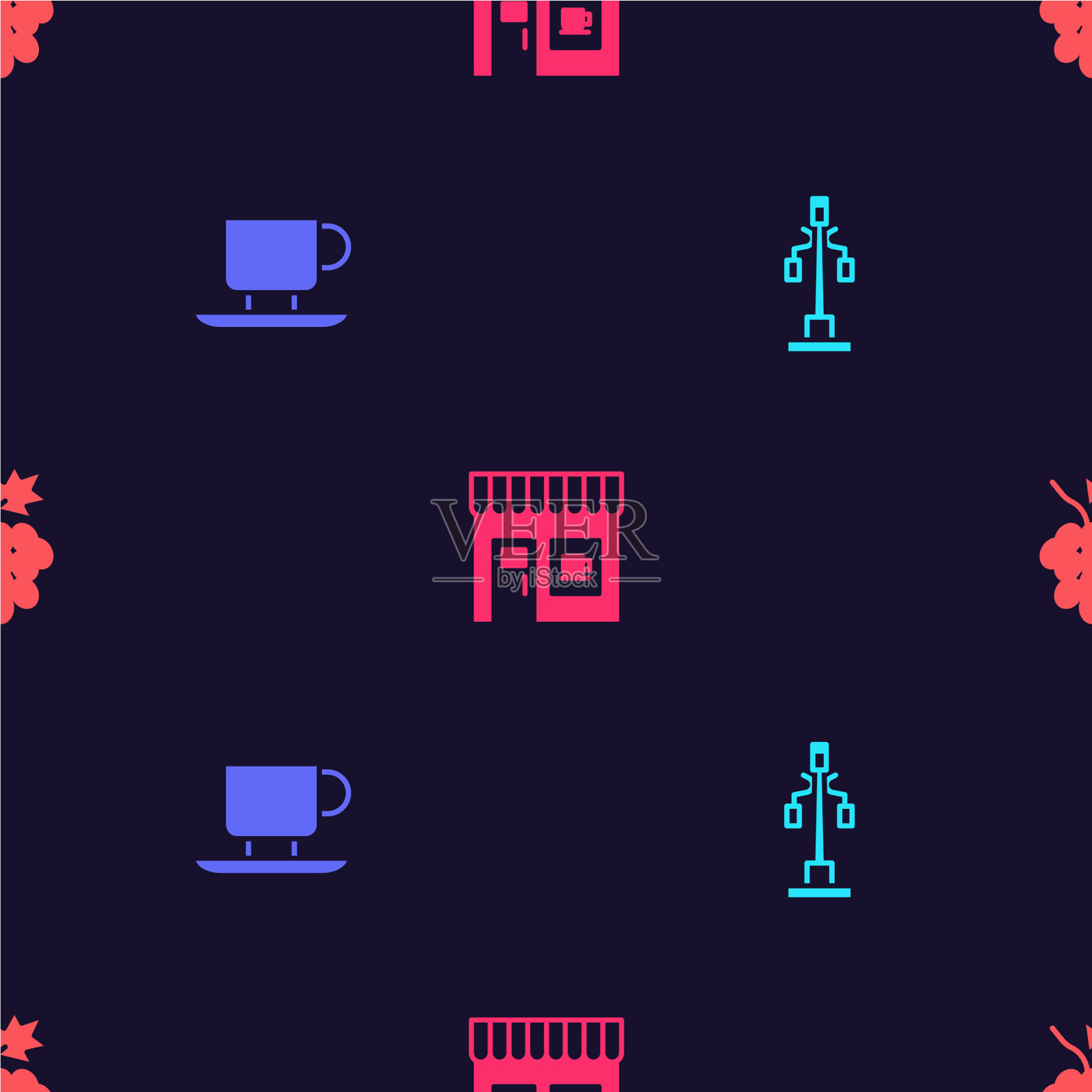 设有街灯咖啡店和葡萄果店图标素材