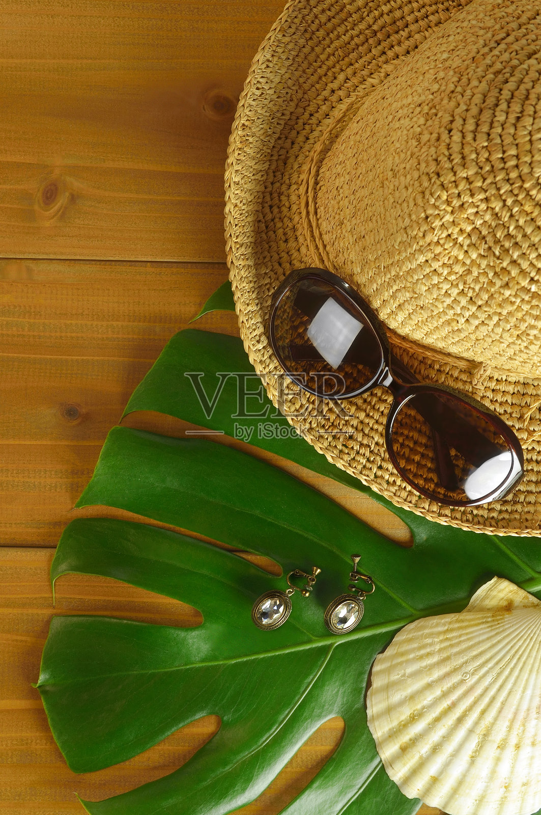草帽，太阳镜和大叶子海贝照片摄影图片