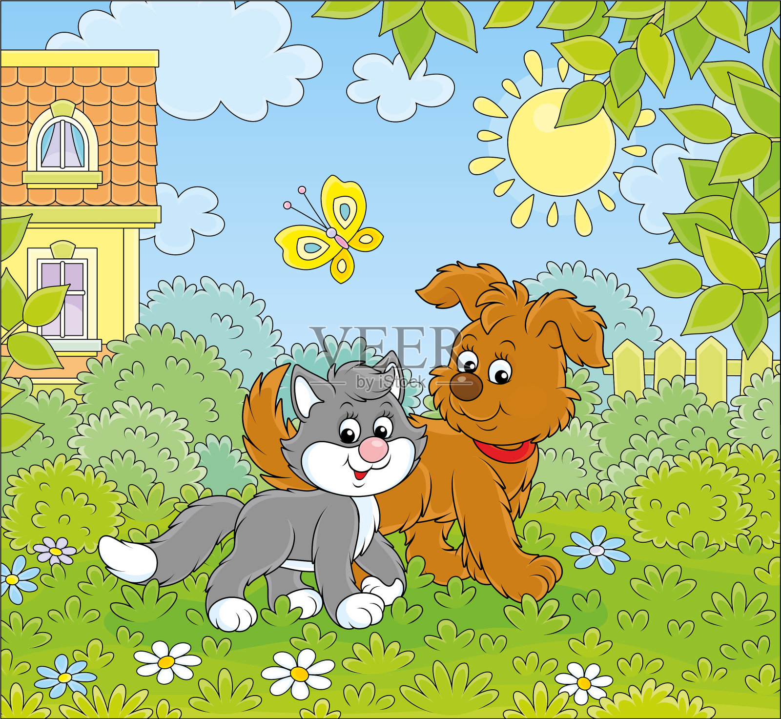 狗和猫走在一起插画图片素材