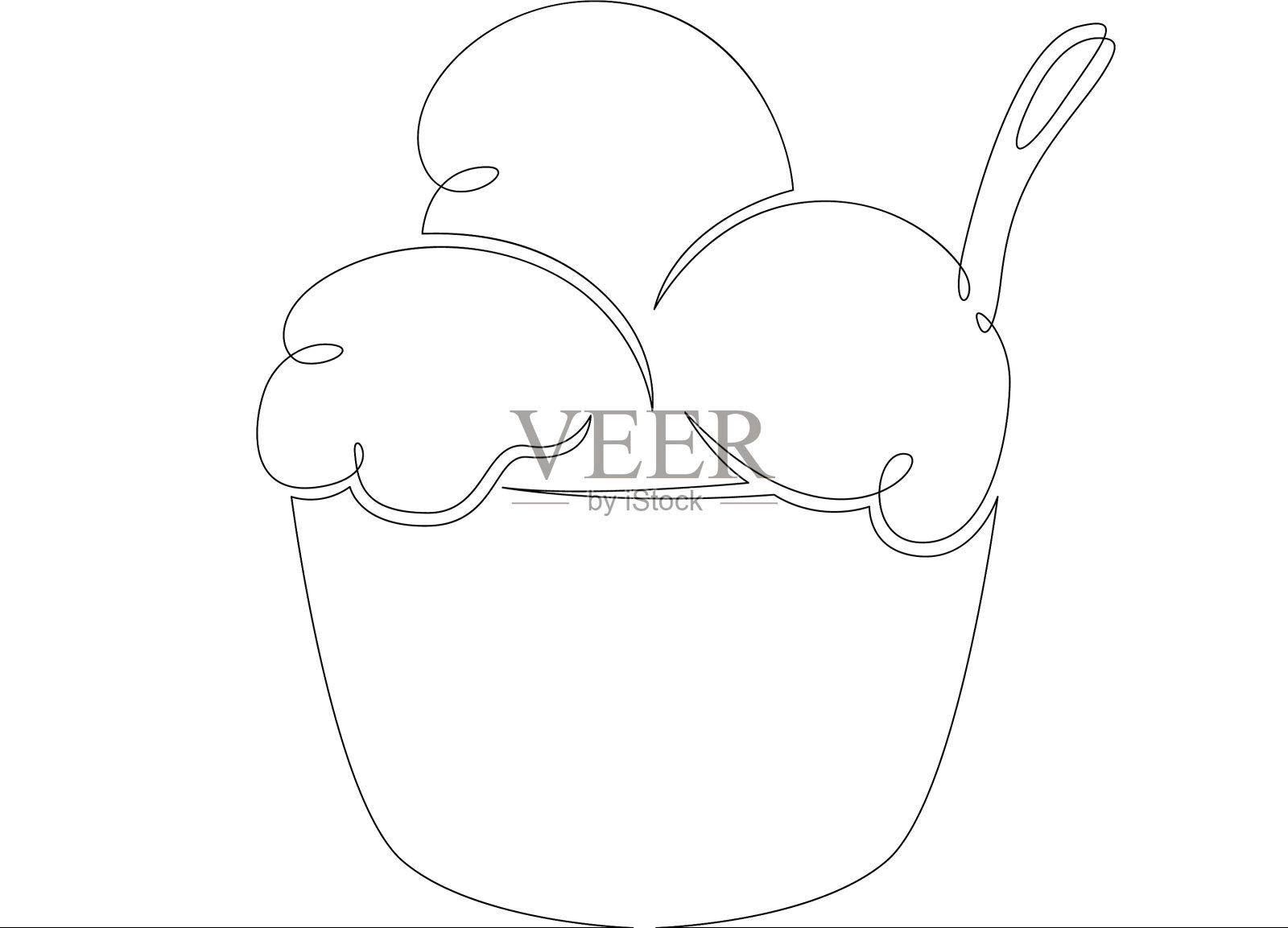 冰淇淋球装在碗里，用勺子插画图片素材