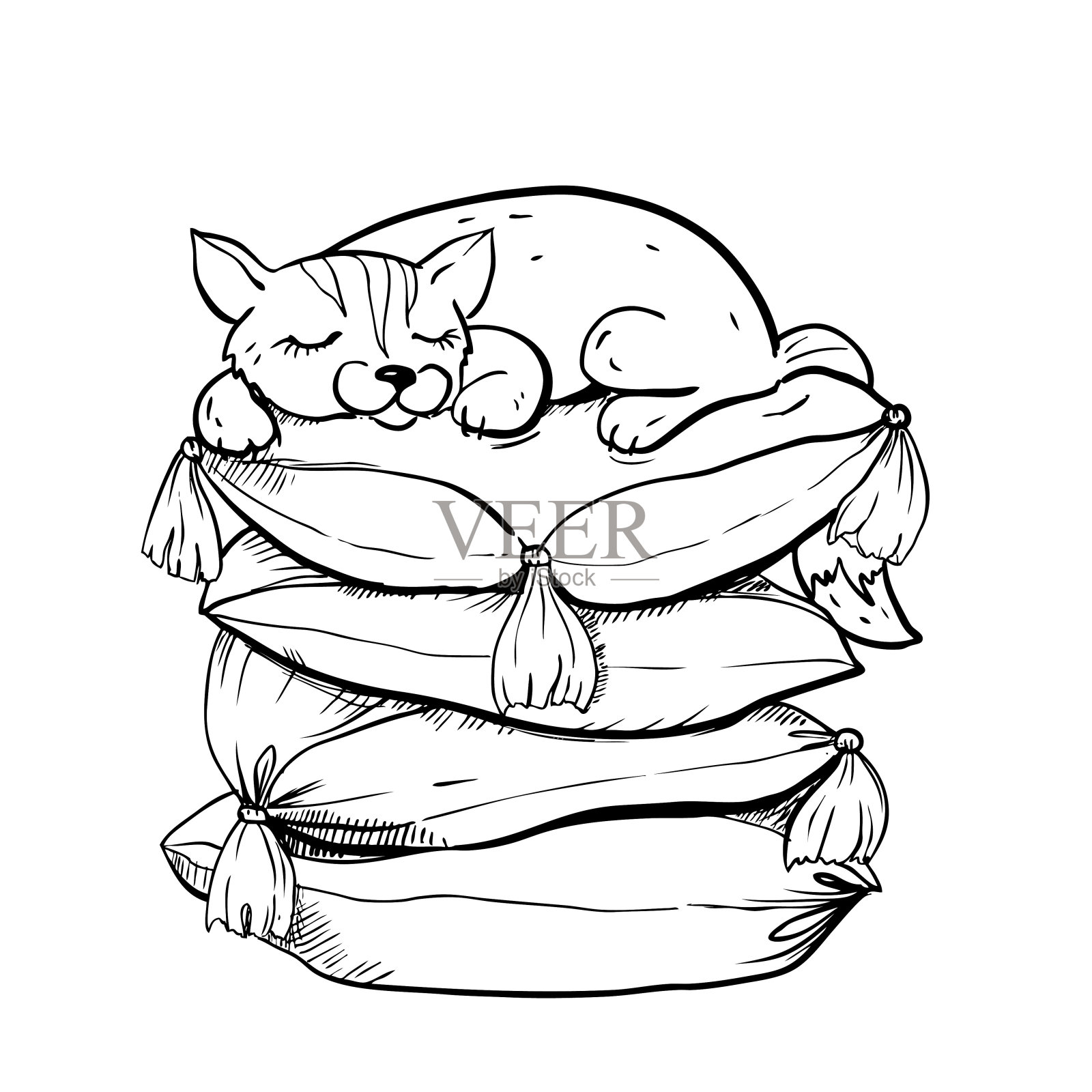 手画向量的儿童涂色书的猫睡觉的枕头。向量eps 8插画图片素材