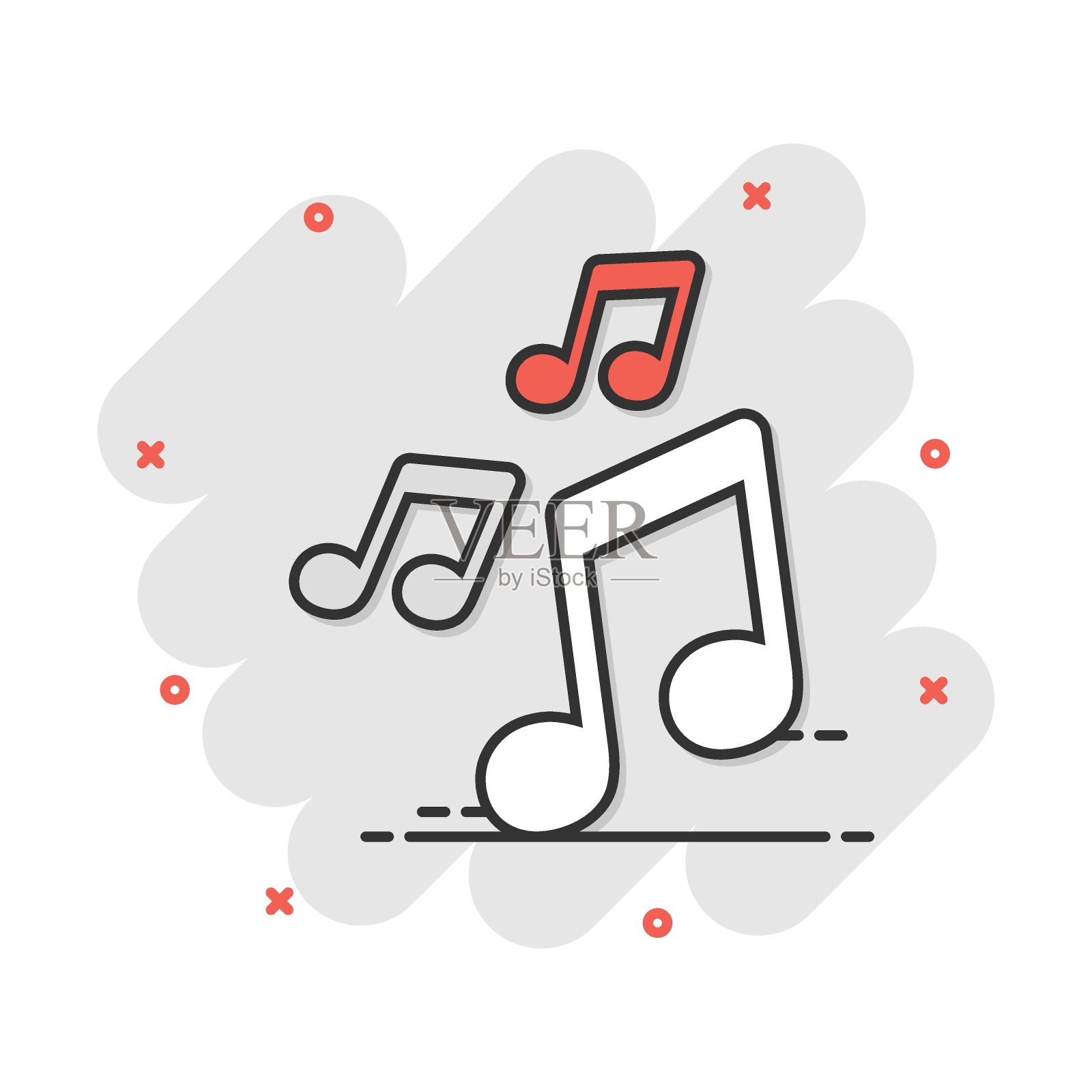 矢量卡通音乐图标在漫画风格。声音、音符、符号、插图、象形文字。旋律音乐企业喷溅效果理念。插画图片素材