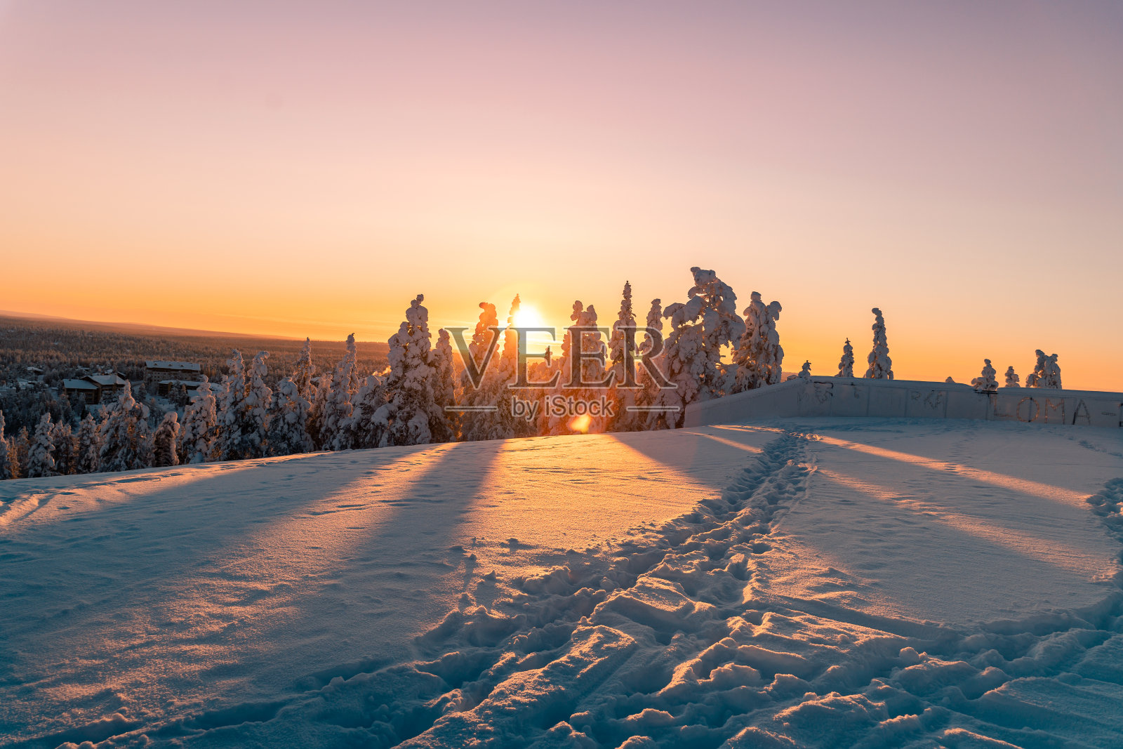 芬兰拉普兰冬日雪地森林的日出景色照片摄影图片