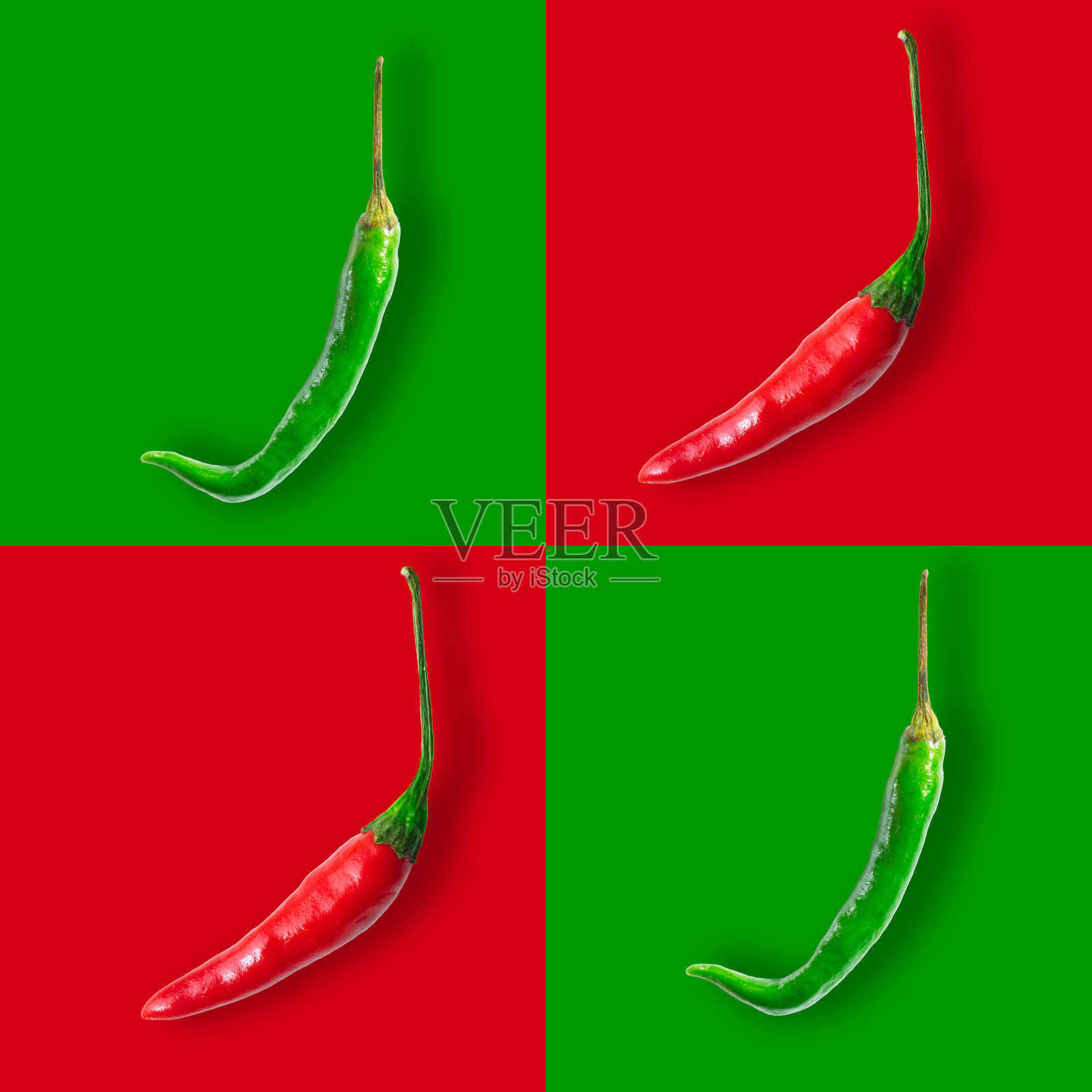 红色和绿色辣椒孤立在红色和绿色背景上的无缝图案。波普艺术照片摄影图片