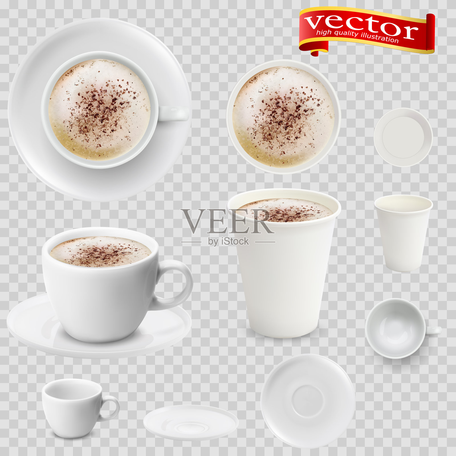 3d逼真的摩卡咖啡在白色杯子从顶部和侧面的观点。白纸杯的摩卡咖啡。设计元素图片