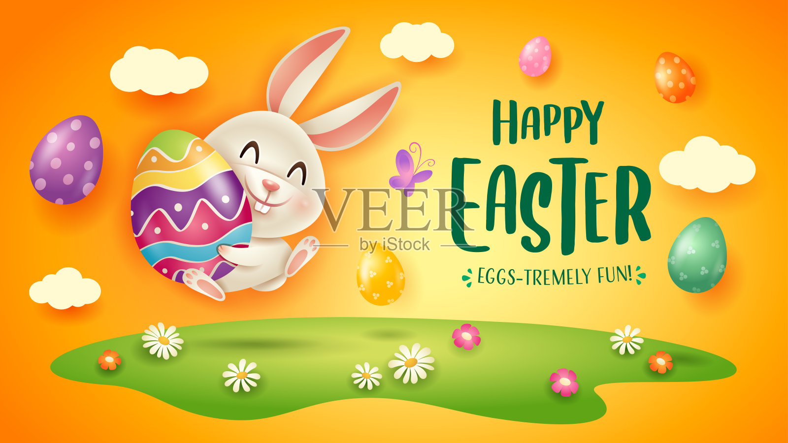 复活节快乐!复活节的背景与兔子和蛋在草地上。插画图片素材