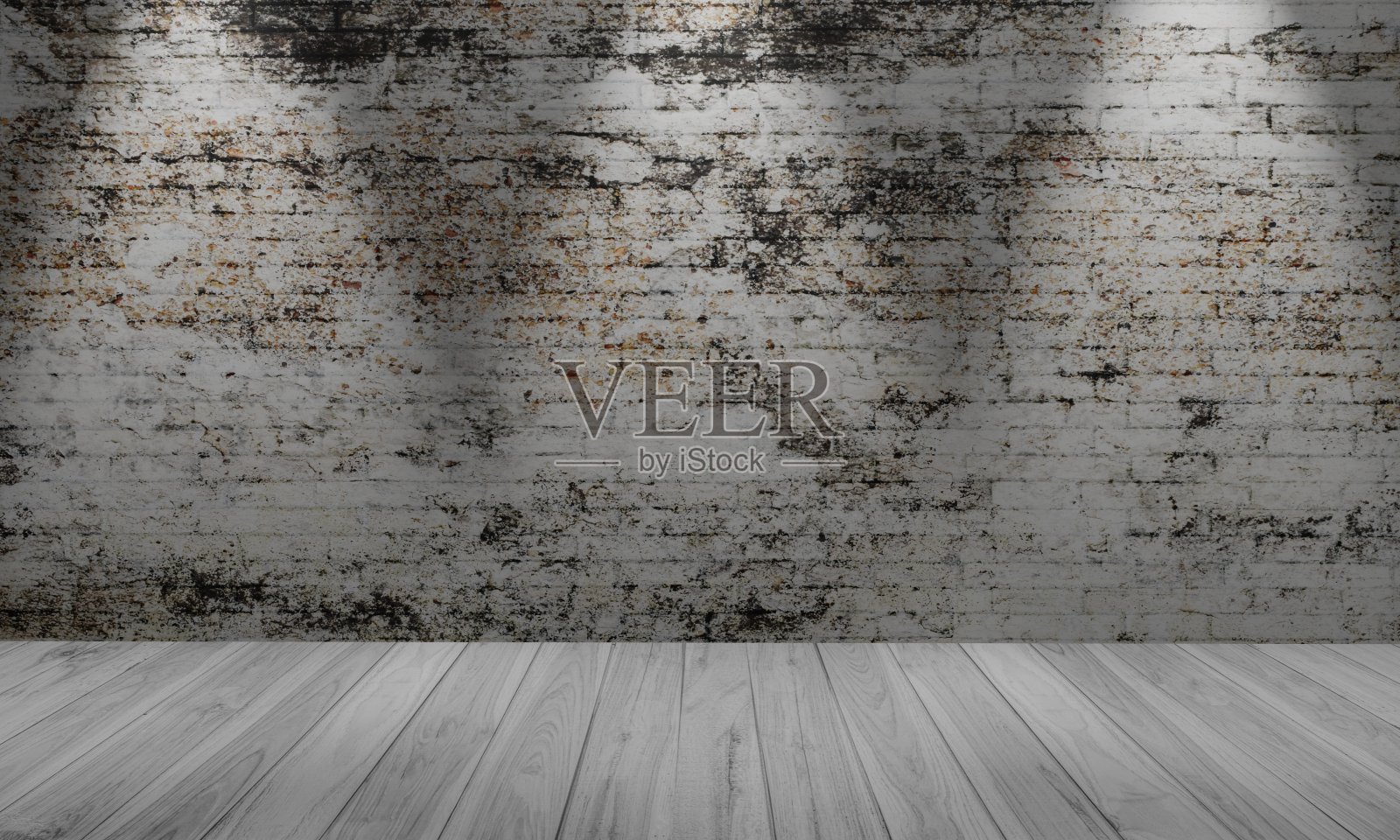 白色砖墙和木地板。现代明亮的室内。有聚光灯的空房间。三维渲染照片摄影图片