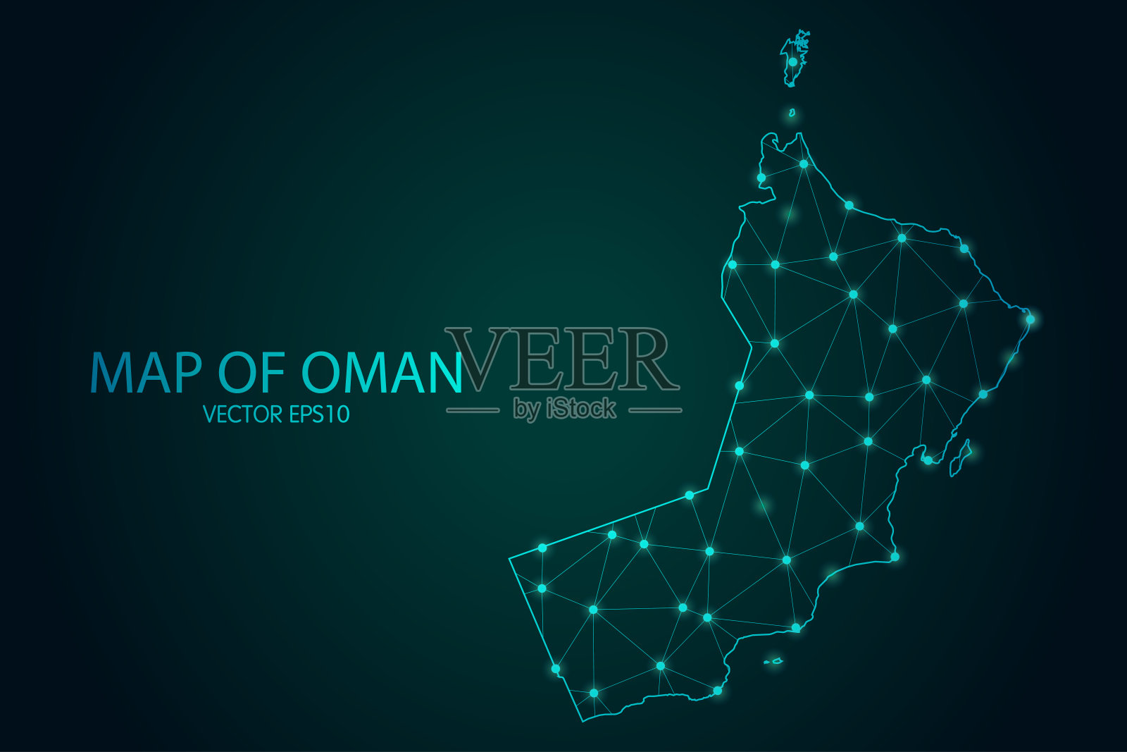 阿曼地图-发光的点和线比例在黑暗的梯度背景，3D网格多边形网络连接插画图片素材