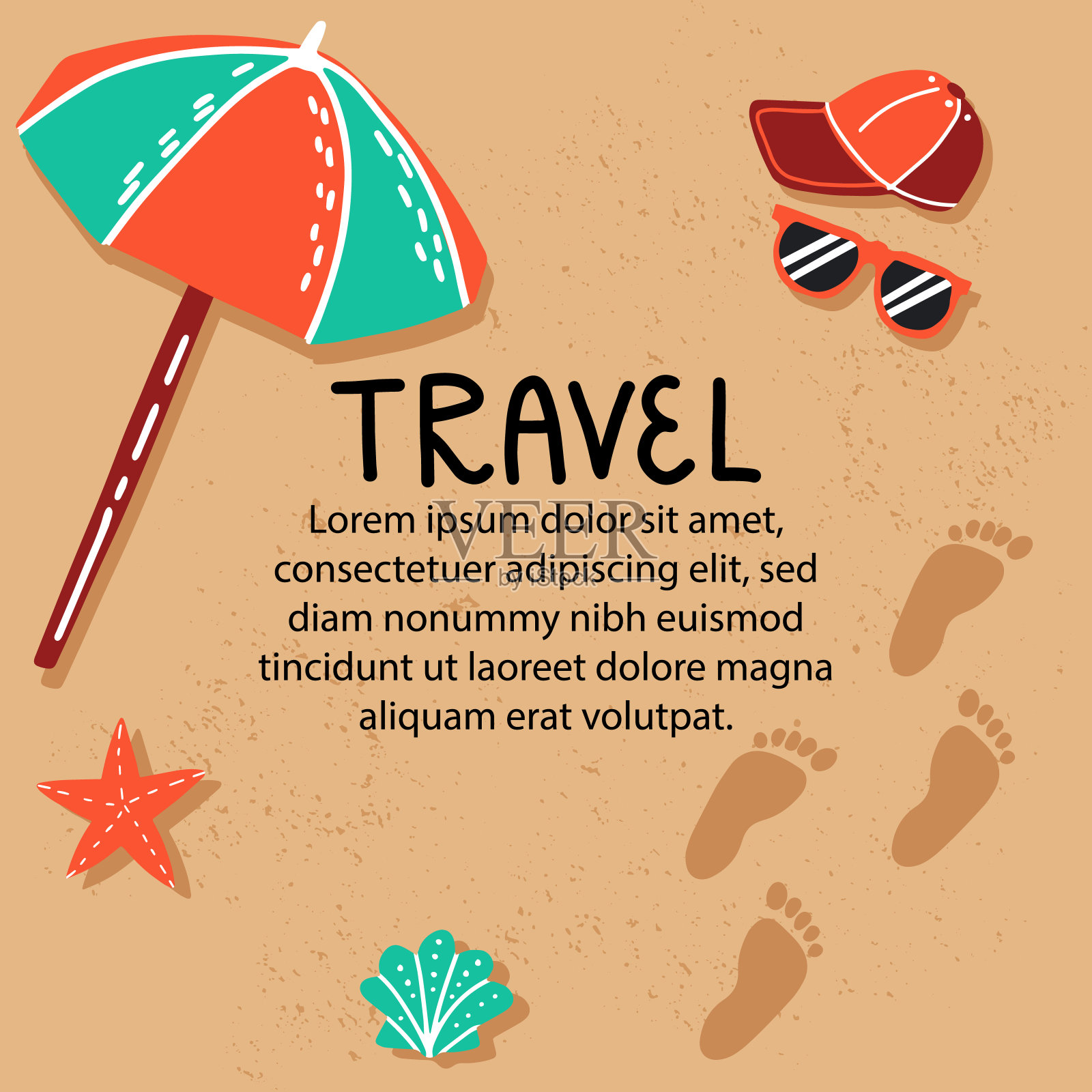 卡通风格的旅行模板与地方的文字。海滩，有脚印的沙子，贝壳，遮阳伞和带太阳镜的帽子。插画图片素材