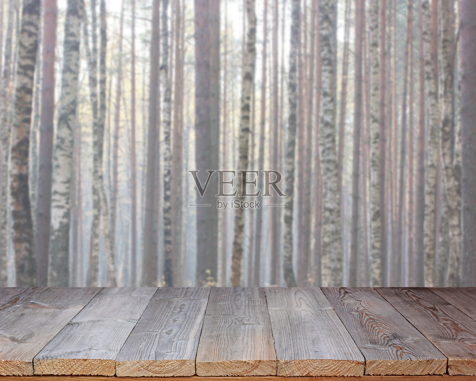 一张空木桌，映衬着一片模糊的森林背景。照片摄影图片