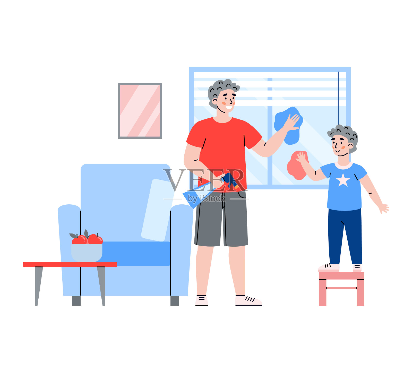 可爱的小男孩帮爸爸打扫房子，卡通矢量插图孤立。插画图片素材