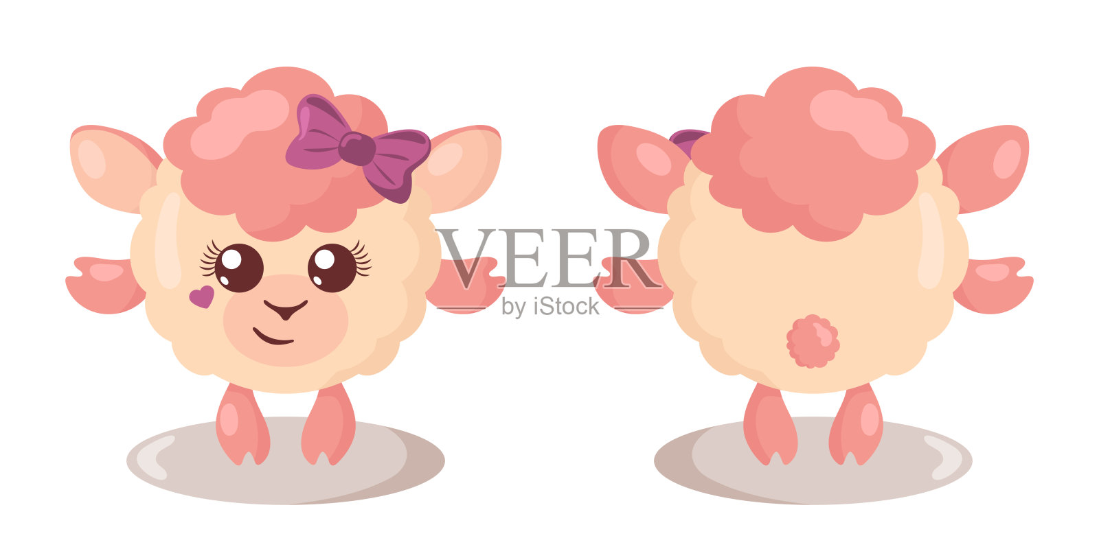 可爱可爱的可爱羔羊与圆形的身体在平面设计与阴影，前面和后面设计元素图片