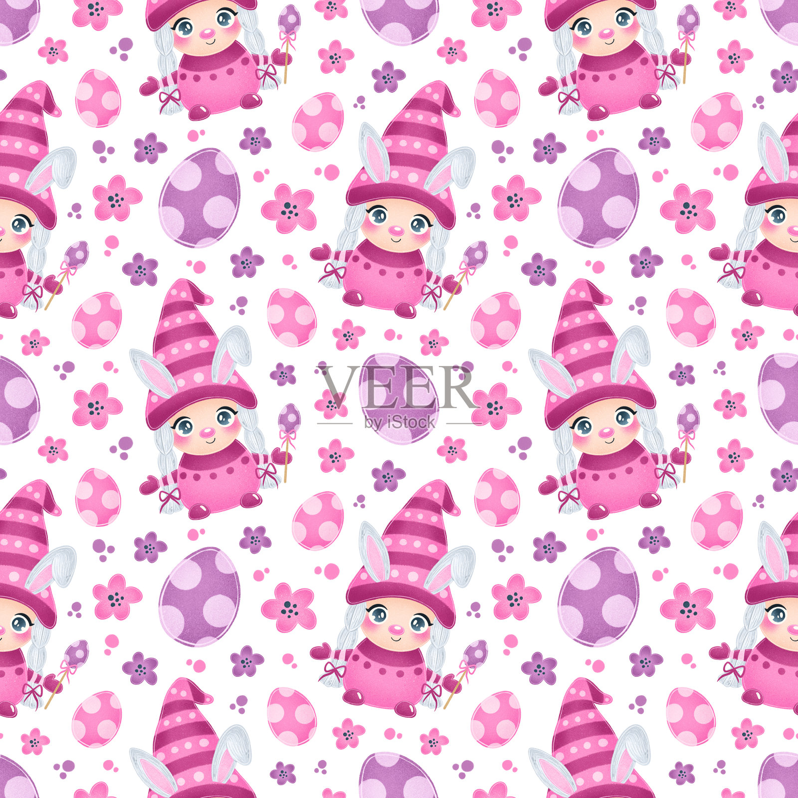 可爱的复活节侏儒女孩兔子耳朵无缝图案插画图片素材