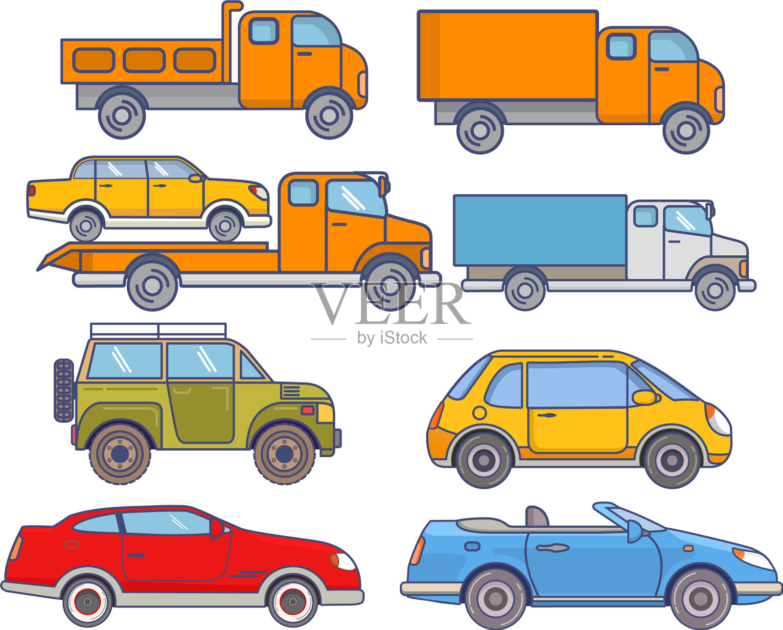 轿车，小型货车，出租车，拖车，越野车，小轿车插画图片素材