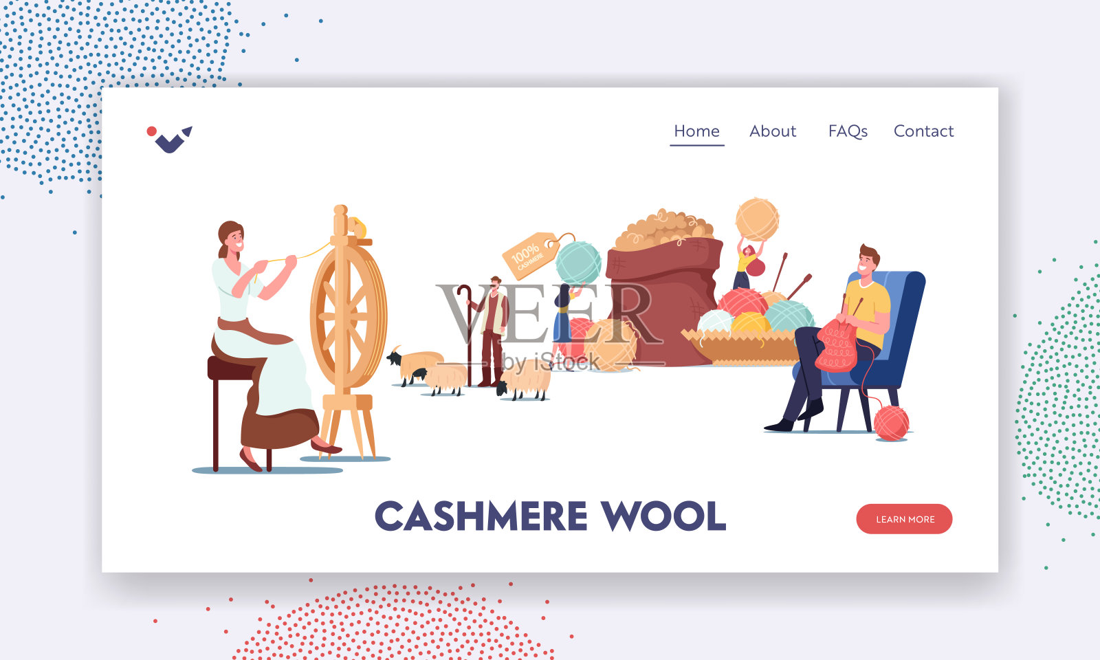 羊绒生产登陆页模板。女人在车轮上纺线，牧羊人放牧山羊，男人编织衣服设计模板素材