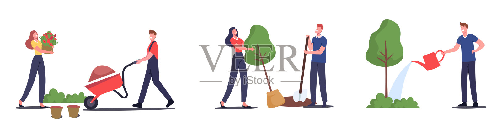男和女农民在花园工作，照顾和灌溉植物，种花，种树，移土设计元素图片