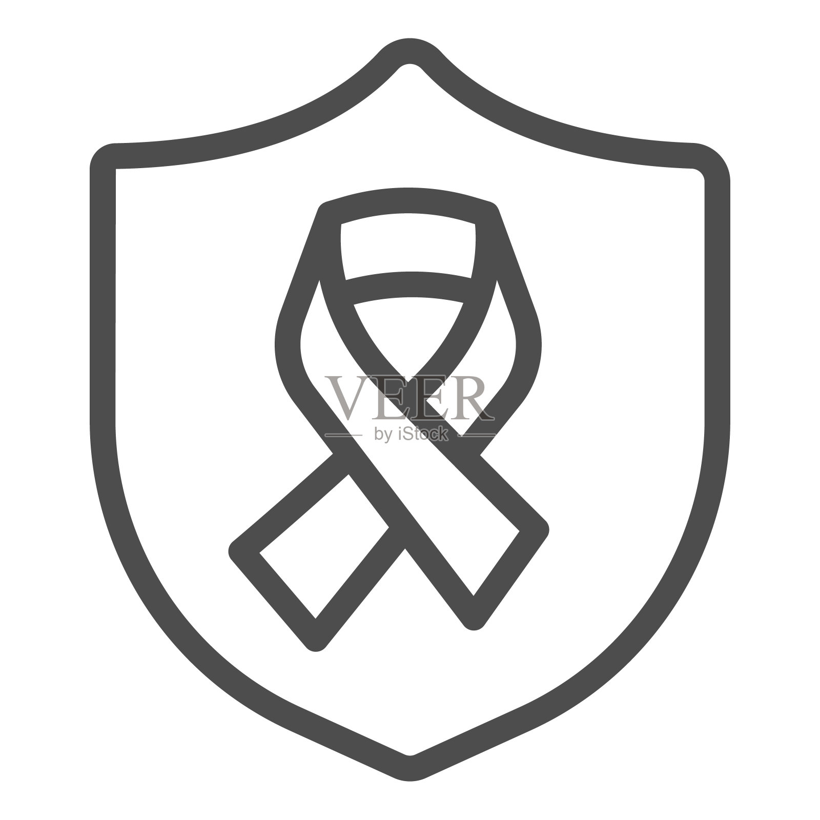 保护和治疗癌症的标志丝带线图标，世界癌症日概念，世界癌症意识标志的白色背景，盾牌和胶带图标的轮廓风格。矢量图形。插画图片素材