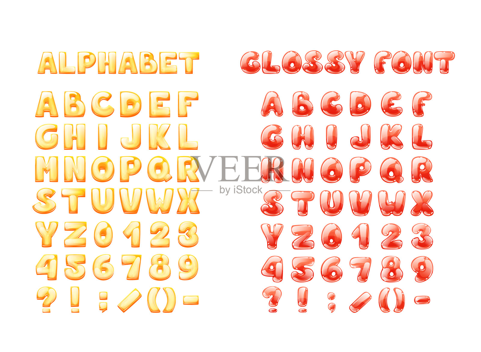 漫画游戏字体卡通泡字，字体。彩色的小写字母闪烁的字母表。明亮的字母排版，数字，儿童矢量的标志插画图片素材