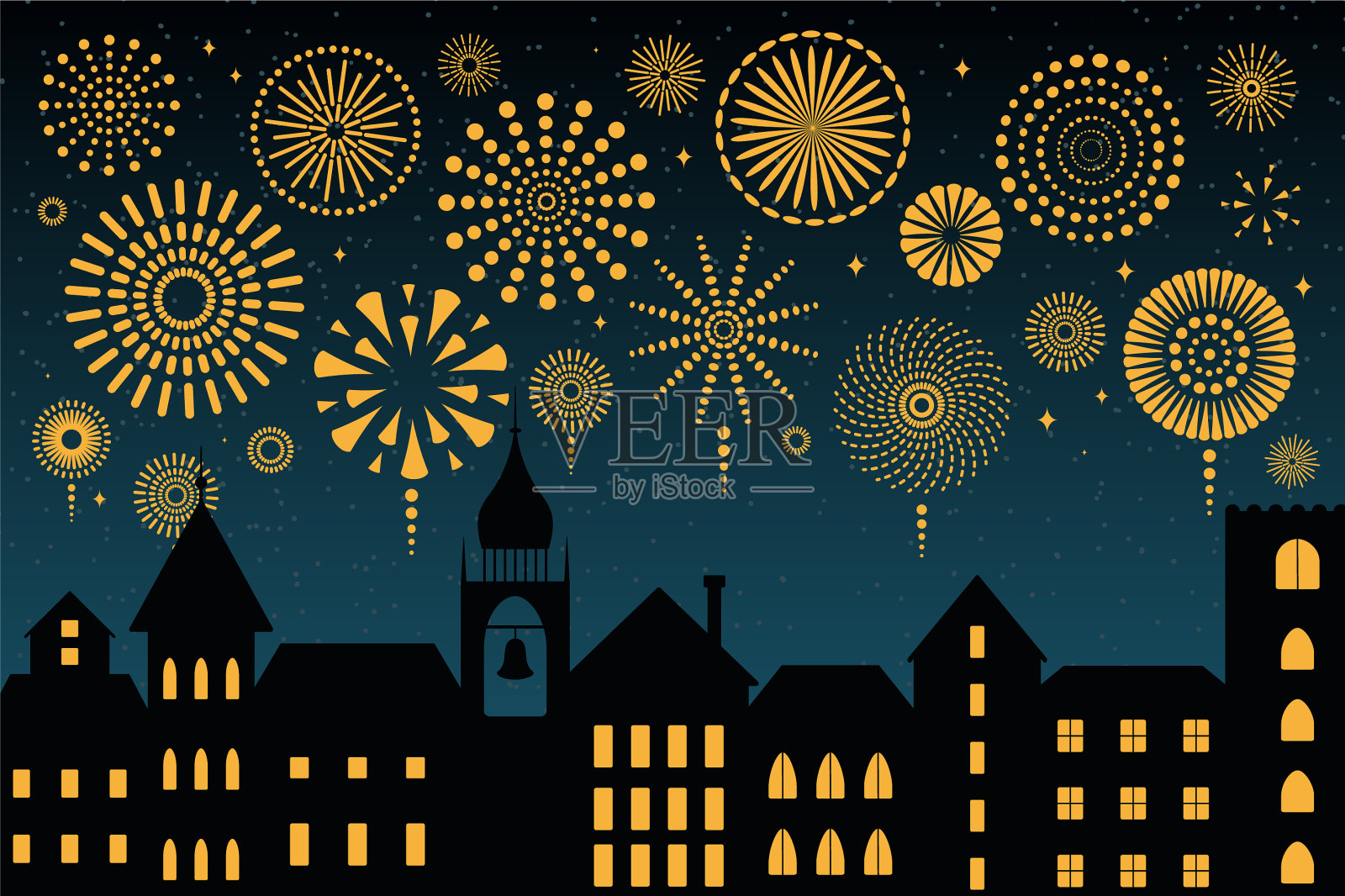 城市背景下的烟花插画图片素材