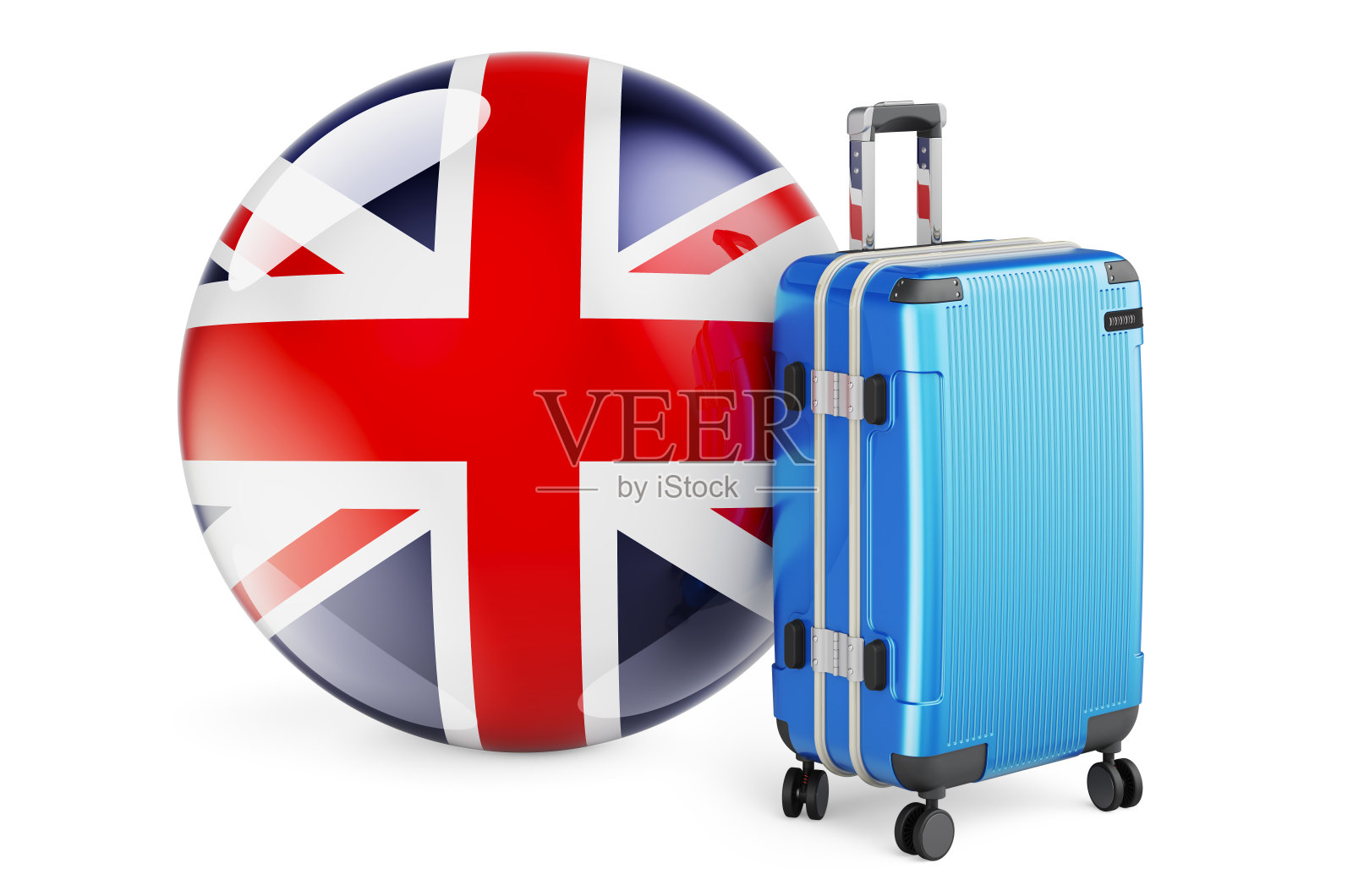 带有英国国旗的手提箱。英国旅游概念，3D渲染孤立的白色背景照片摄影图片