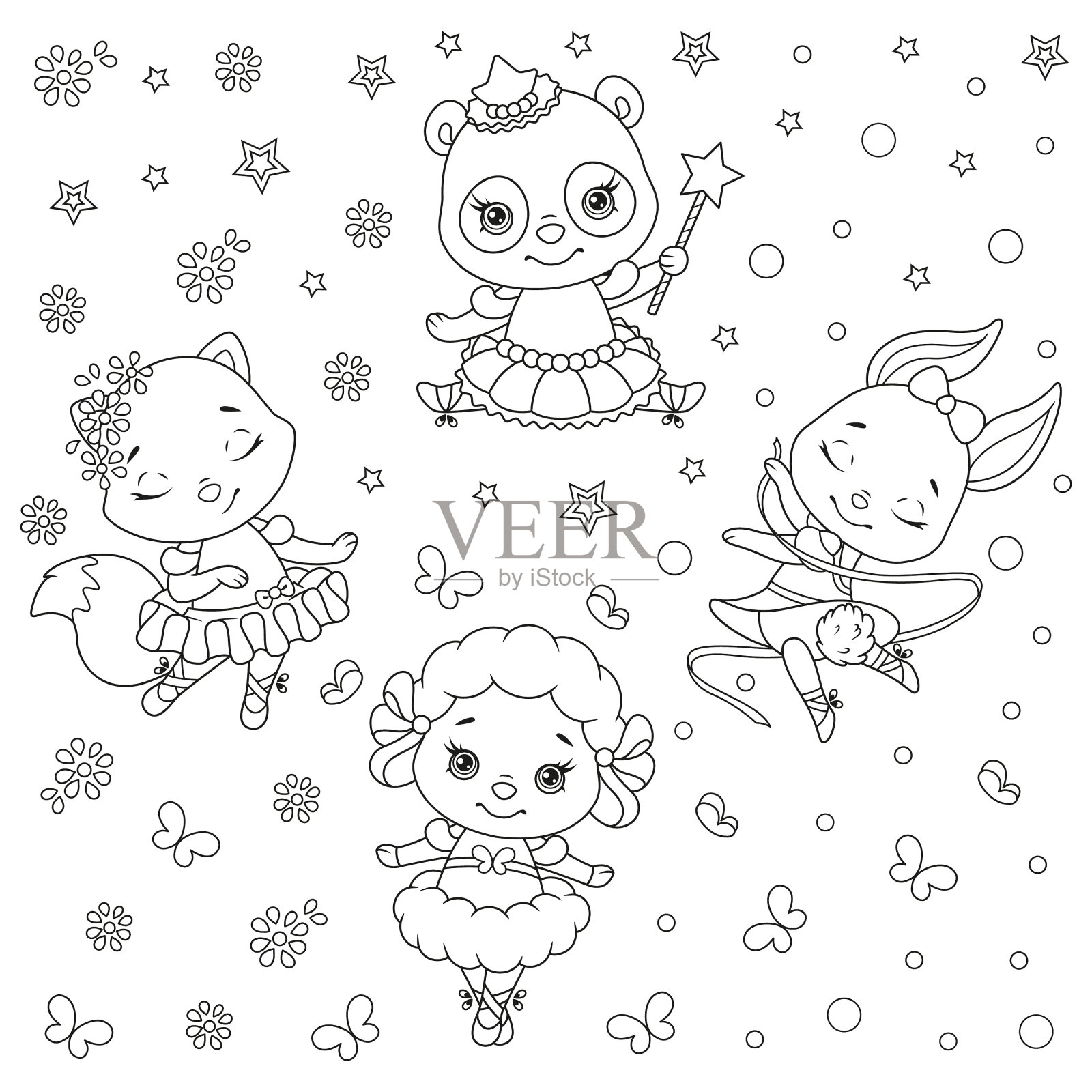 芭蕾舞者动物图案上色页插画图片素材