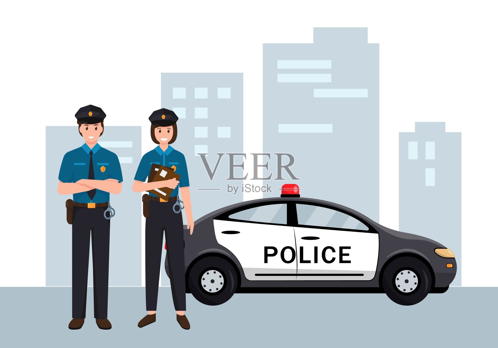 身着制服的警察在城市的汽车附近。插画图片素材