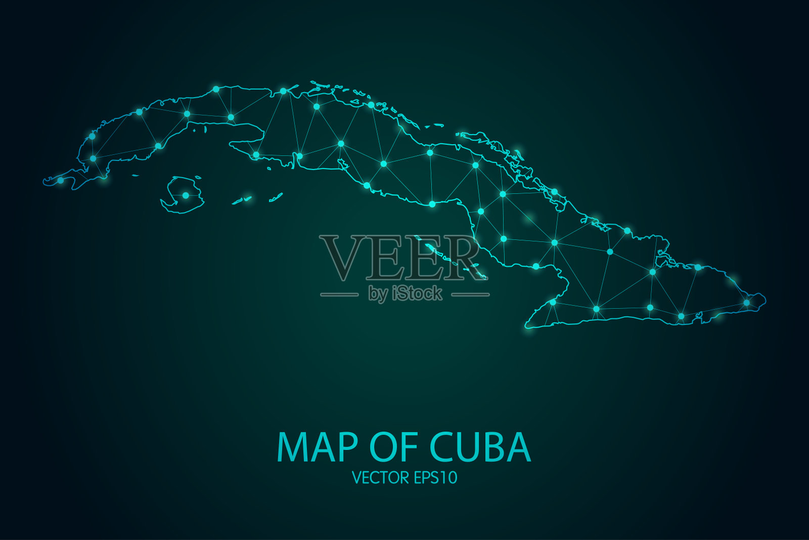古巴地图-发光的点和线比例在黑暗的梯度背景，3D网格多边形网络连接插画图片素材