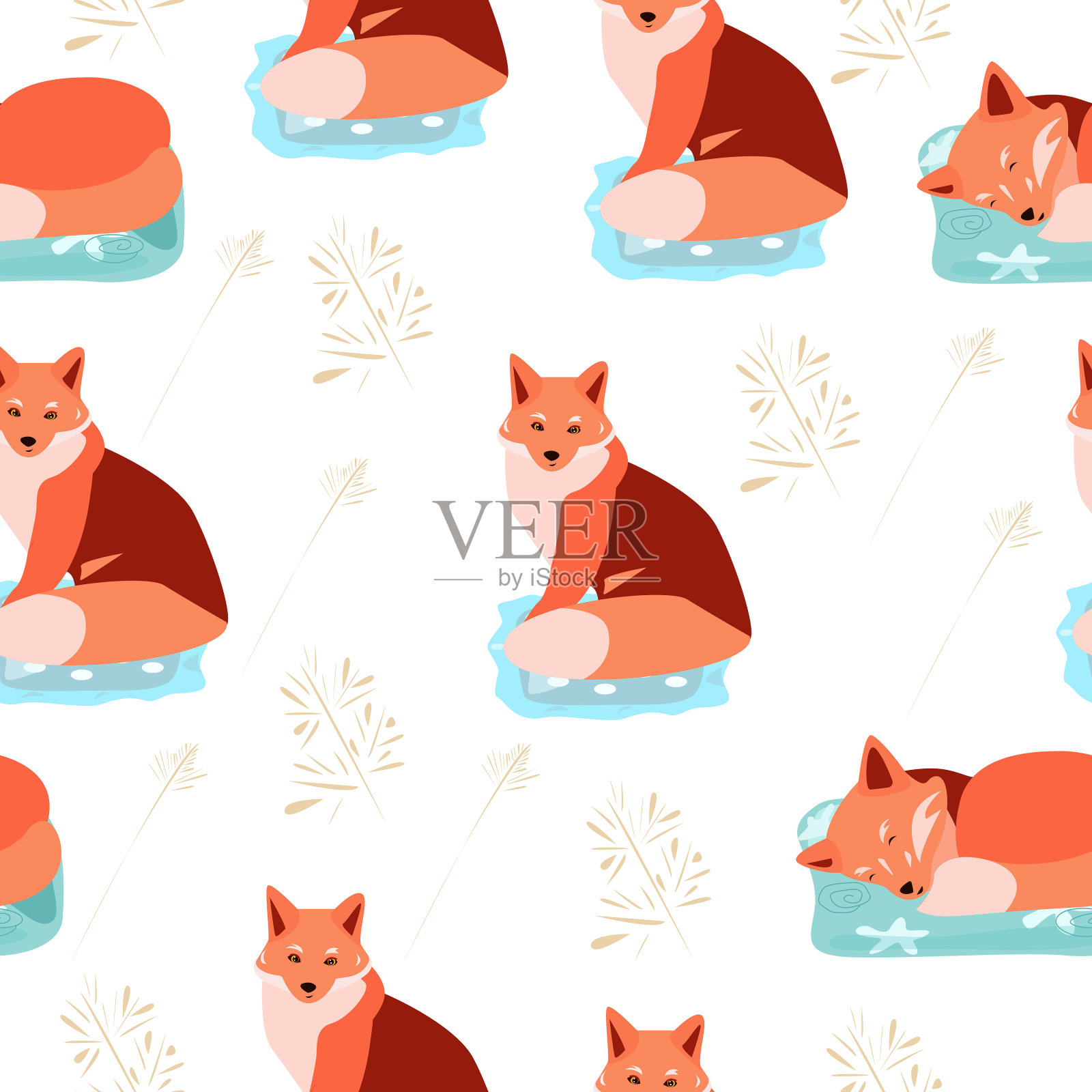 枕头上有红狐的无缝图案插画图片素材