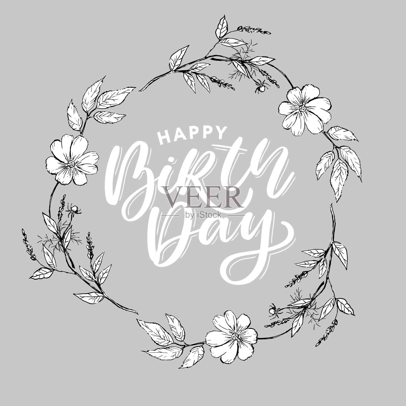 美丽的生日贺卡，鲜花和小鸟。矢量派对邀请与花卉元素。插画图片素材