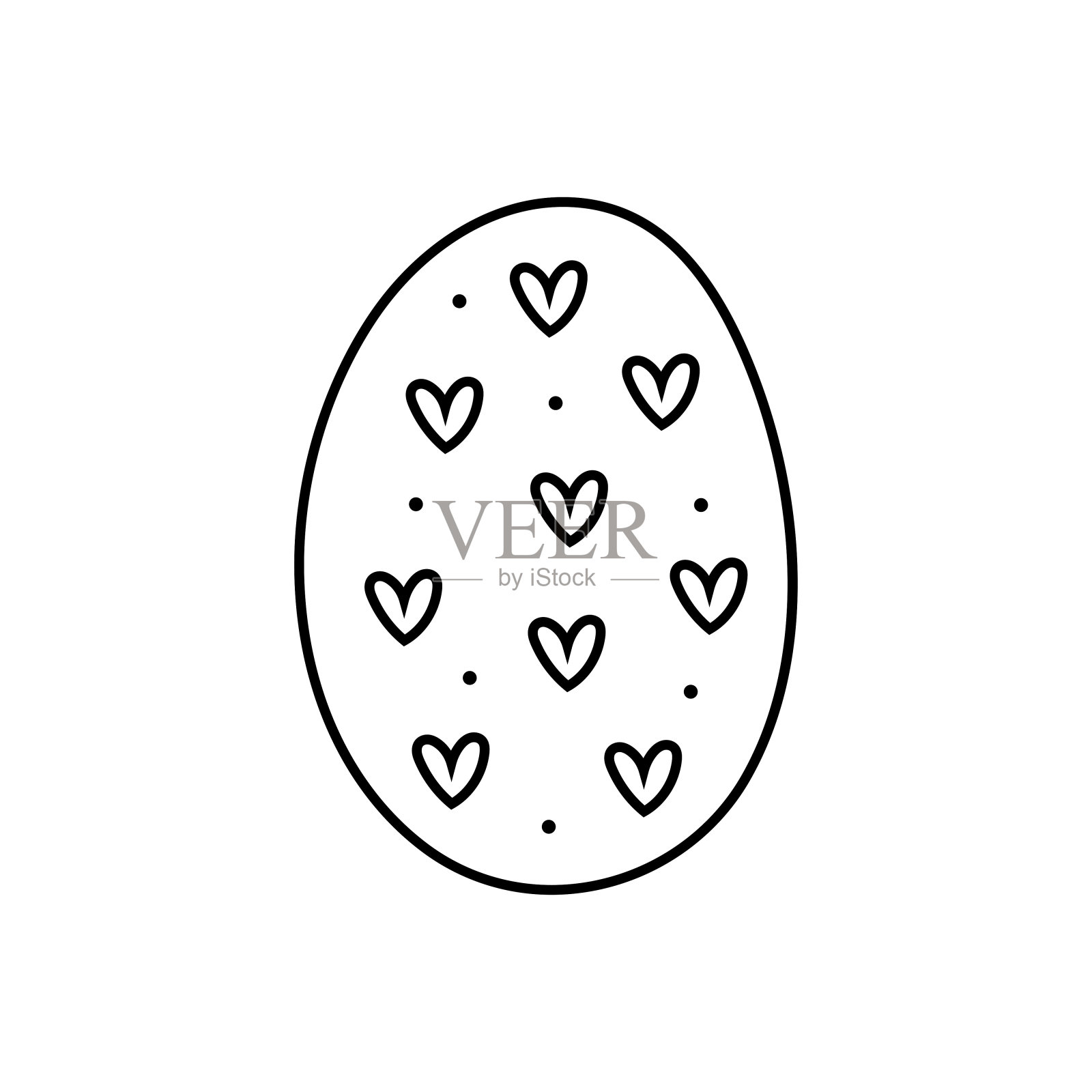 复活节彩蛋与心形涂鸦线艺术设计。黑色单色图标元素。孤立在白色背景上。浮雕。插画图片素材