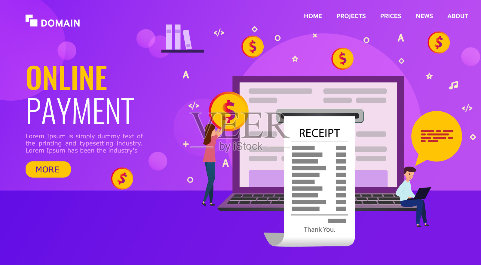 着陆页。人们在网上购物并收到电子收据。插画图片素材