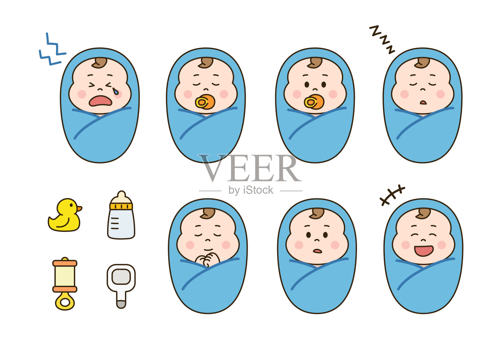 一组刚出生的男婴，襁褓里裹着婴儿用品。插画图片素材