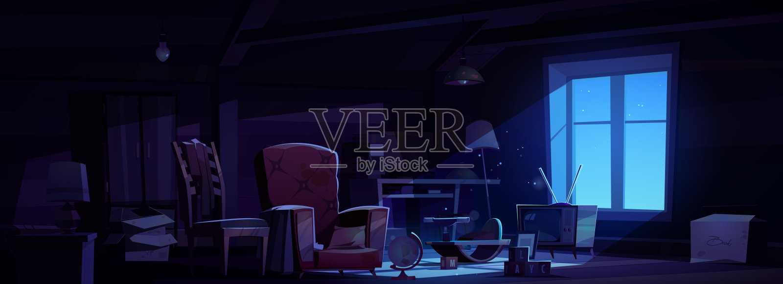 晚上用旧家具装饰的阁楼插画图片素材