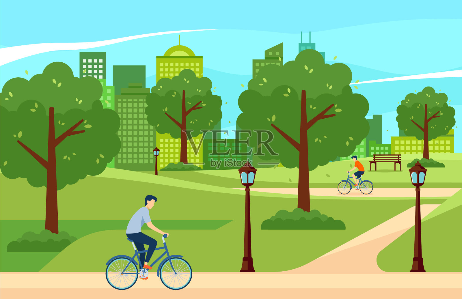 在公园里骑自行车插画图片素材