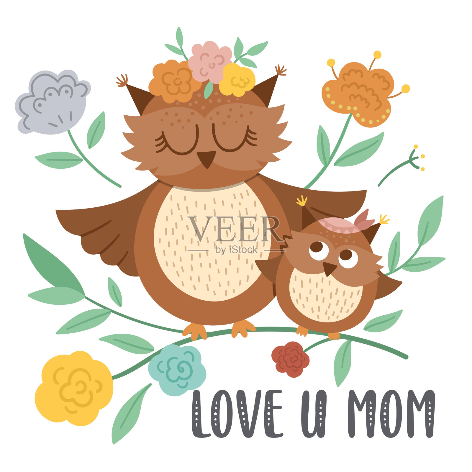 带可爱波西米亚动物的Vector母亲节卡片。预先设计的林地幼鸟和母亲。波西米亚风格的海报，猫头鹰家庭和花在白色的背景。插画图片素材