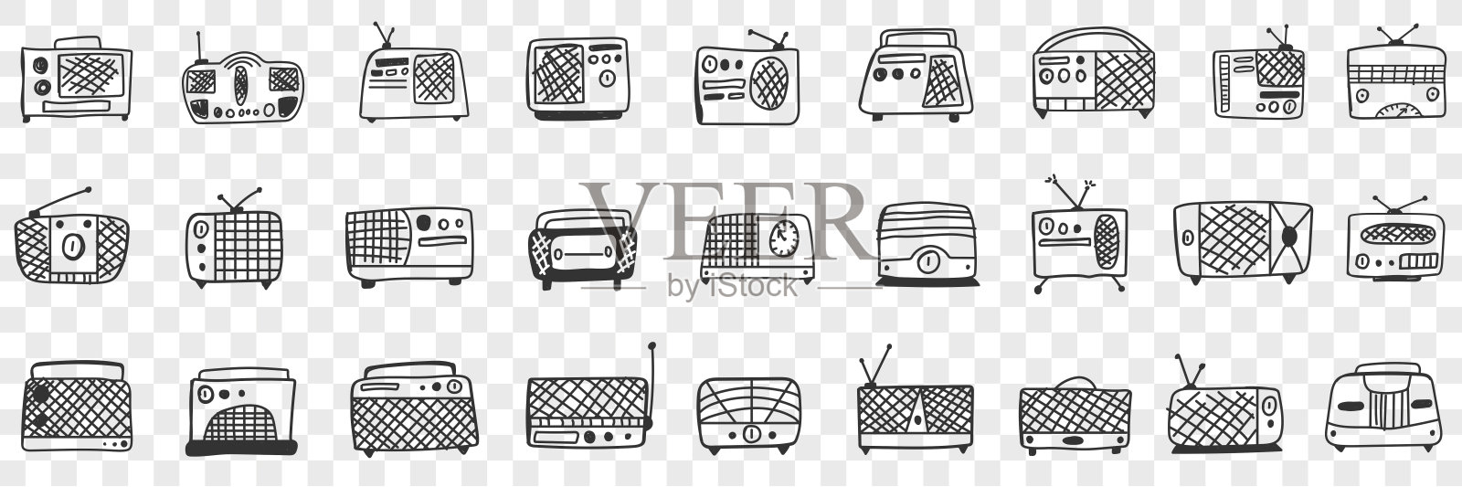 复古收音机磁带录音机涂鸦集插画图片素材