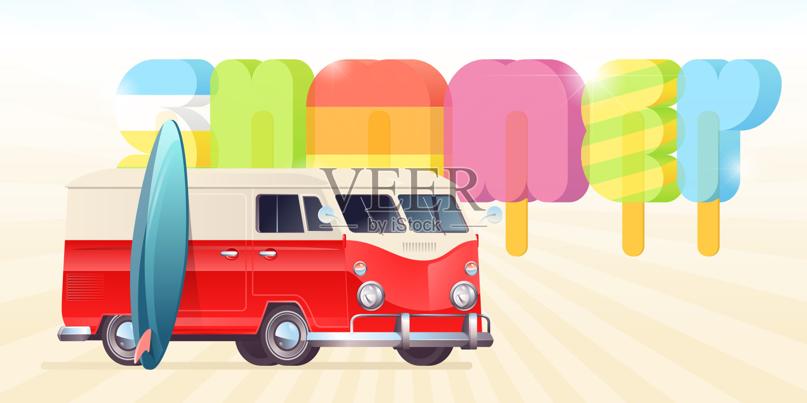 夏季冰淇淋海报排版与货车插画图片素材