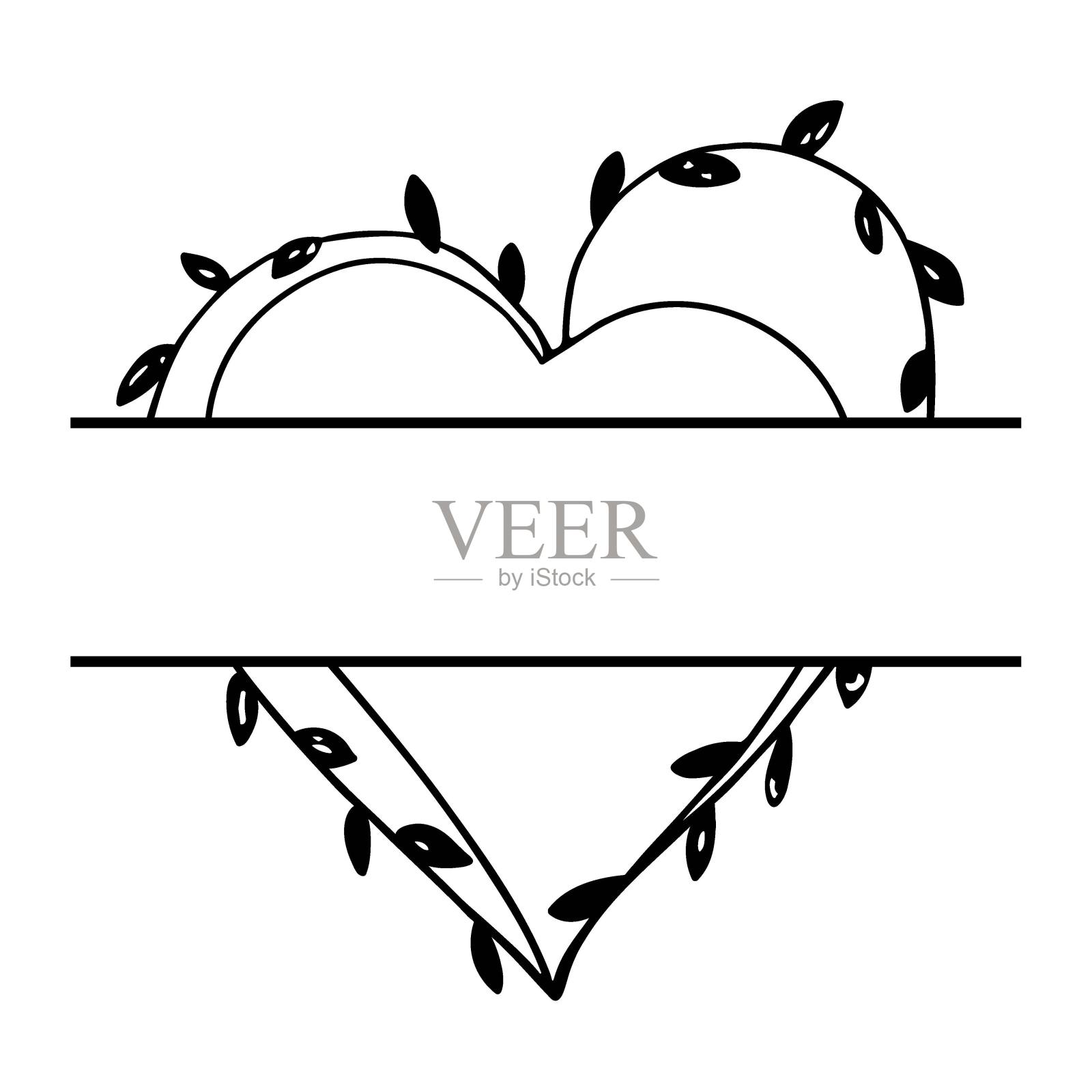 婚礼上的字母组合。心形的框架。手绘花环的婚礼邀请，生日卡，情人节装饰。矢量插图假日设计。为先生和夫人，新姓架。插画图片素材