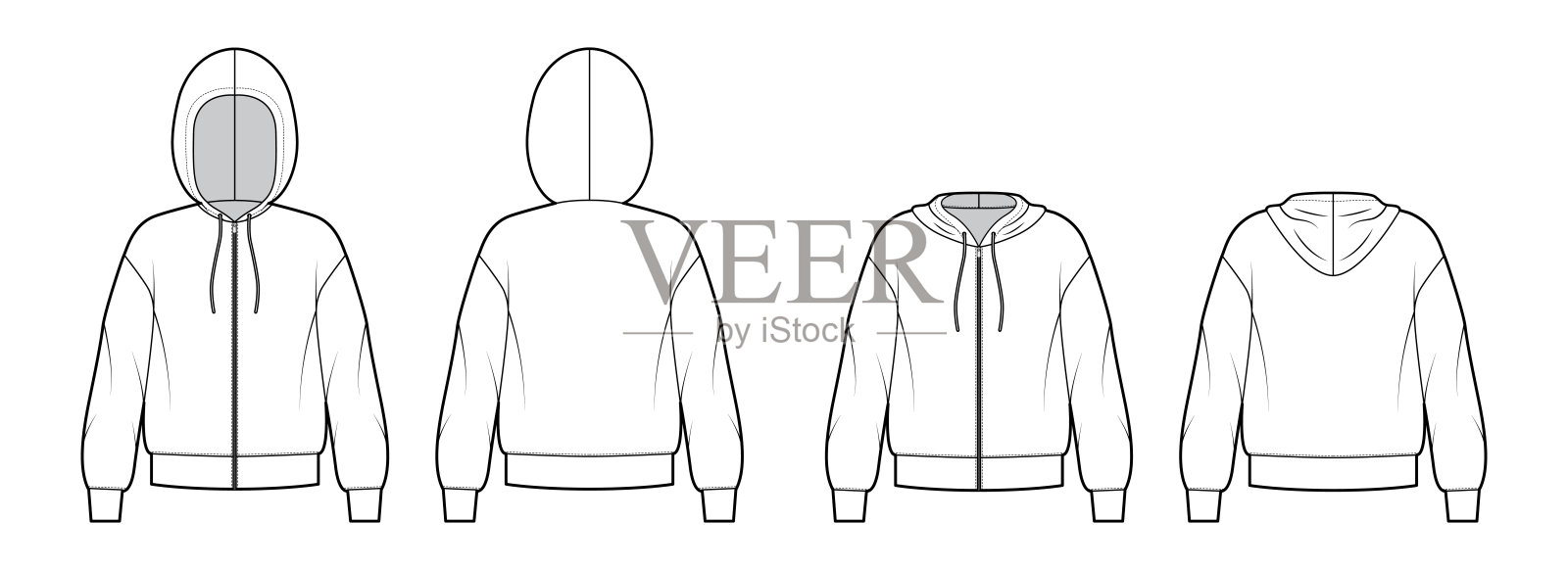 一套拉链连帽衫的技术时尚插图与肘袖，放松身体，带状下摆，拉绳插画图片素材
