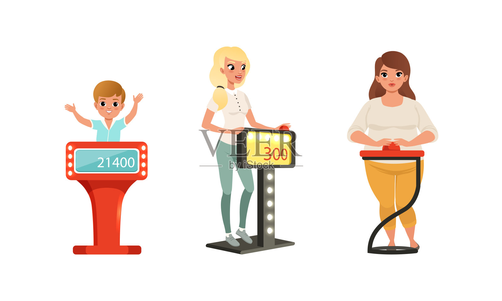 人物角色在电视上参加小组游戏站在按钮前回答问题矢量插图集插画图片素材