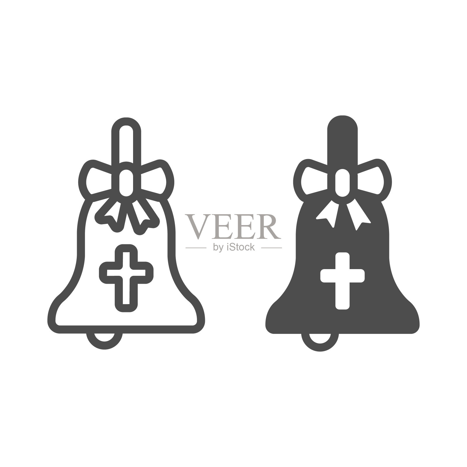 钟与十字和弓线和固体图标，复活节快乐的概念，传统的复活节符号在白色的背景，铃与十字图标轮廓风格的移动和网页设计。矢量图形。图标素材