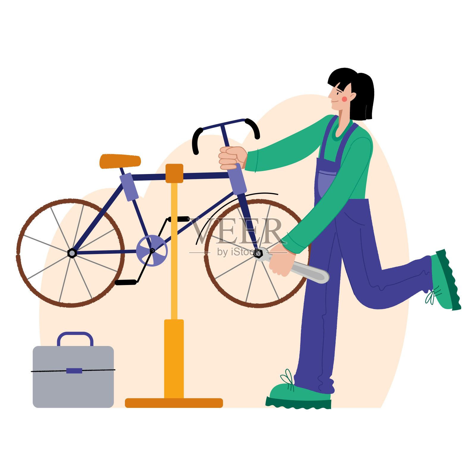 自行车修理。一位妇女在修理自行车。网页图形，横幅，广告，商业模板插画图片素材