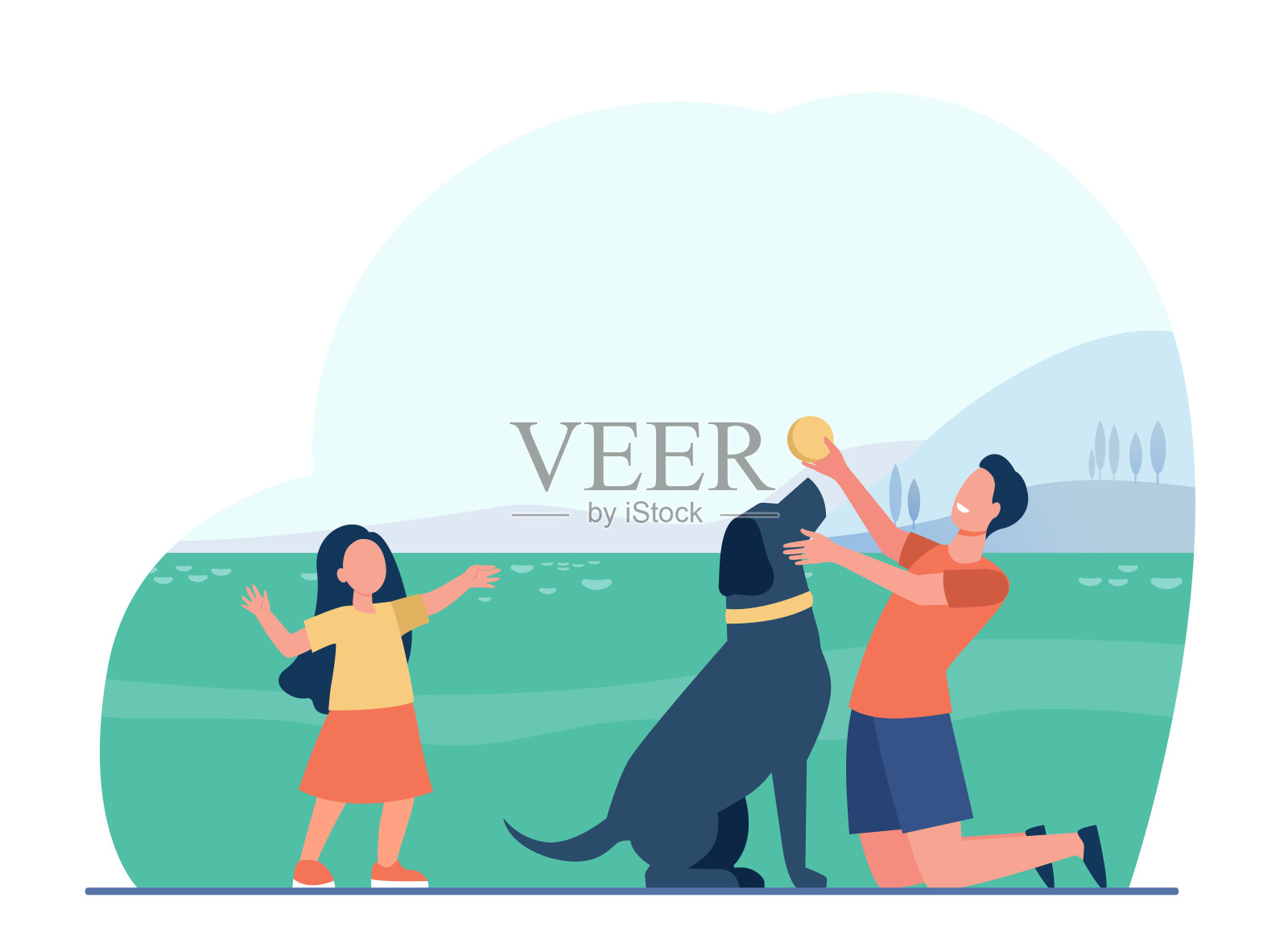 宠物主人父亲，男人和女儿孩子玩狗插画图片素材