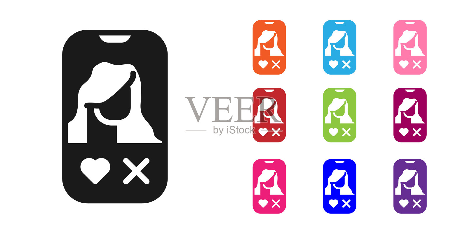 黑色约会应用在线移动概念图标隔离在白色背景。女性男性轮廓平面设计。夫妻匹配关系。设置图标丰富多彩。向量图标素材