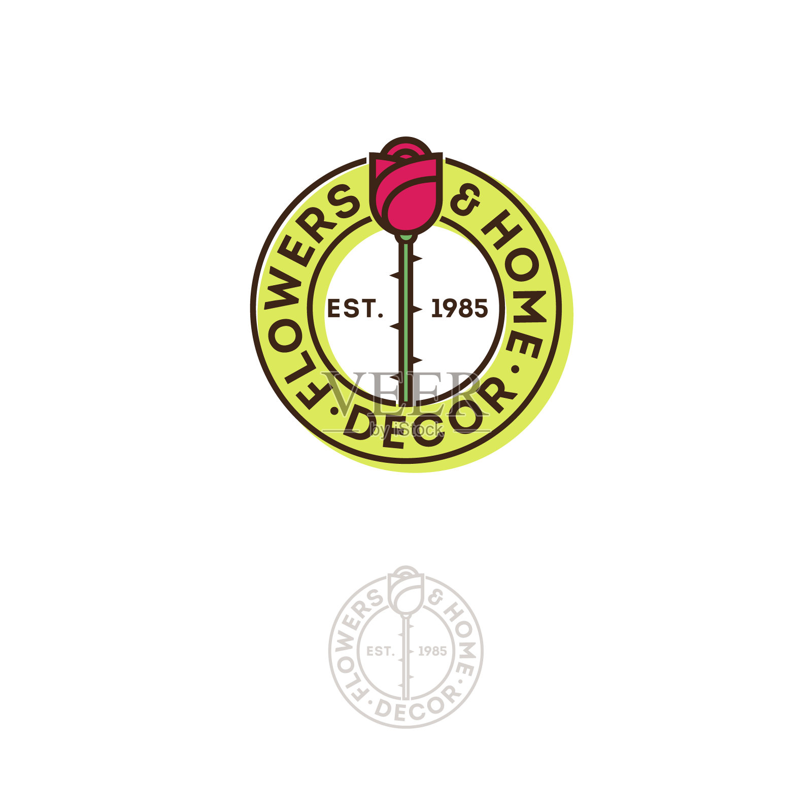 鲜花和家居装饰的象征。红玫瑰和圆形徽章上的字母。的名片。插画图片素材