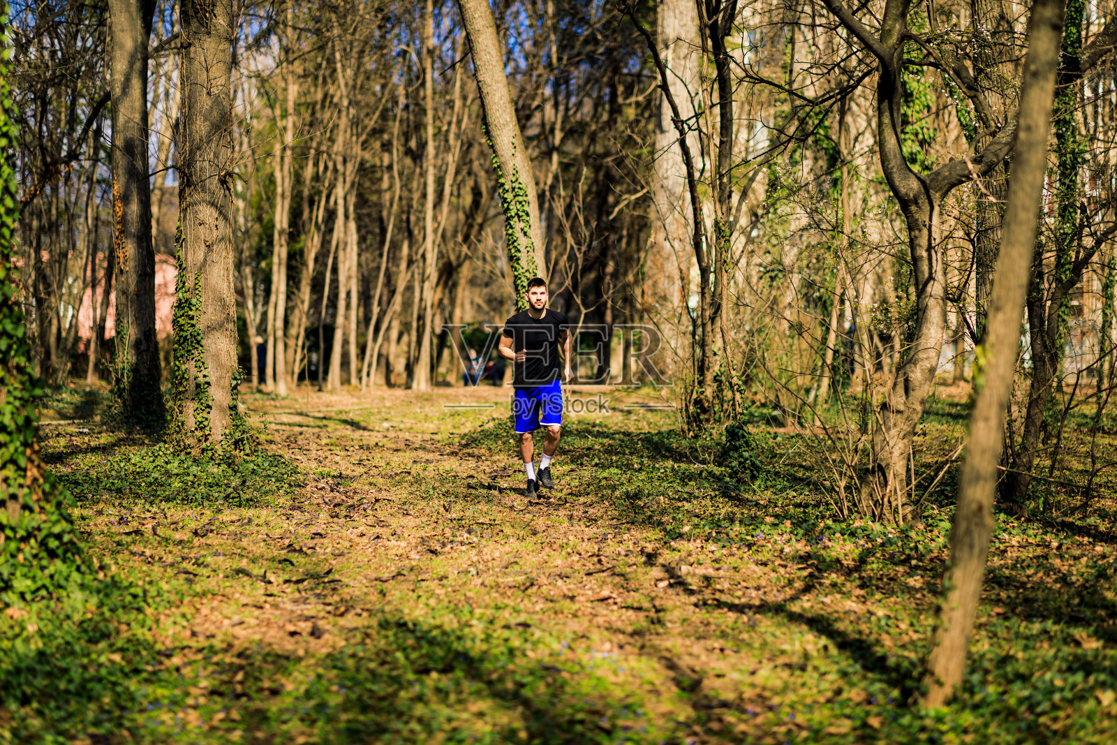 在森林地区跑步的年轻人-训练和锻炼为越野跑马拉松耐力-健身健康的生活方式概念照片摄影图片
