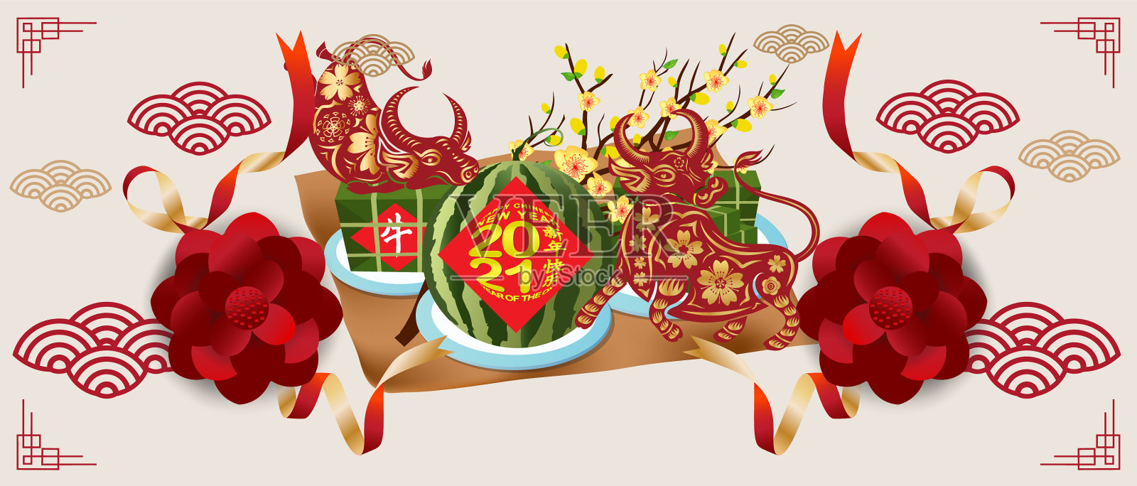 旗帜与一头牛在风格部落和插画图片素材