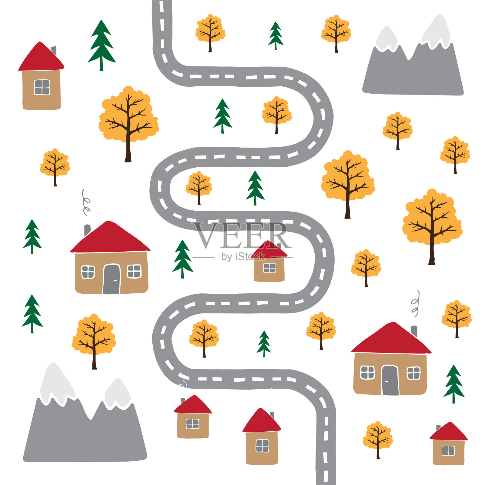 无缝模式的乡村房屋和树插画图片素材