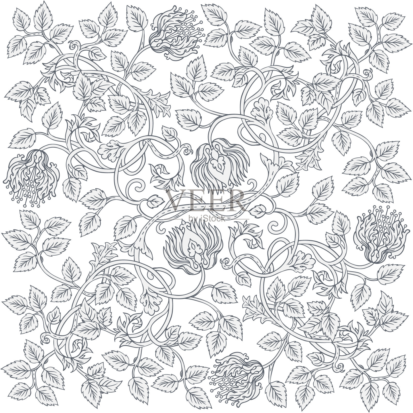 花的复古无缝图案复古墙纸。迷人的花朵。艺术和手工艺运动的启发。设计包装纸，墙纸。插画图片素材