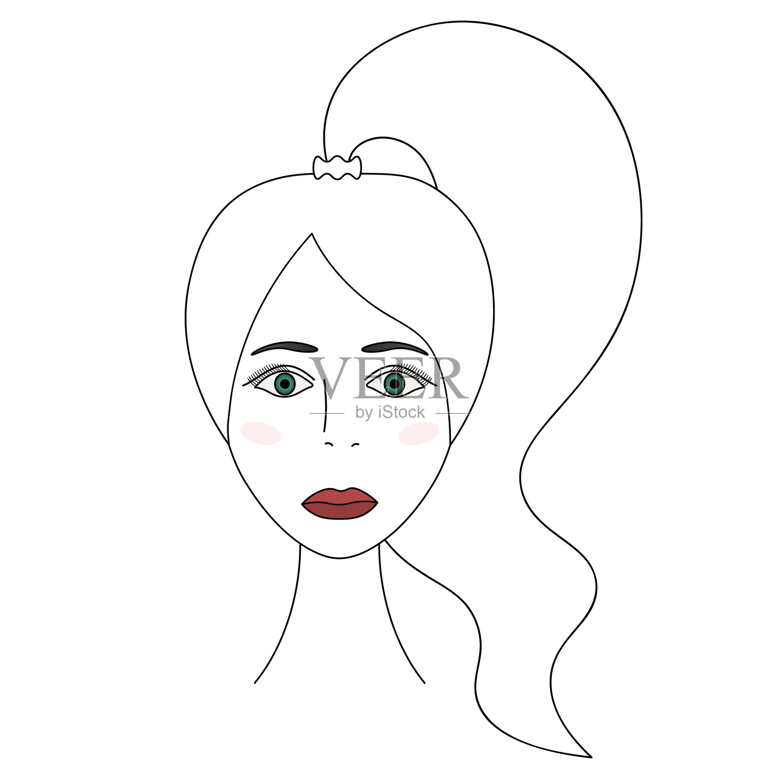 女孩的脸。草图。女人的头全脸。矢量插图。长发扎成马尾辫。绿色的眼睛。腮红。嘴唇上涂了口红。长睫毛。神秘的女性肖像。在孤立的白色背景上勾勒轮廓。插画图片素材